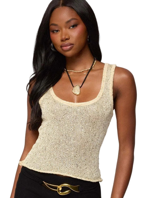 Women’s shiny sequin tank top with deep U neckline, sheer design, and slim fit silhouette.