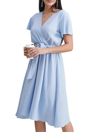 Short Sleeve Cross Collar Belt Maxi Dress in Light Blue