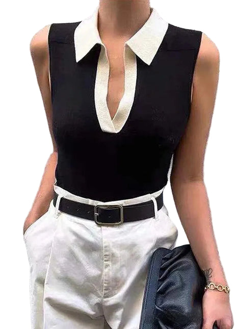 Women's Sleeveless V-Neck Knitted Top | Black Knit Tank Sweater blndl top