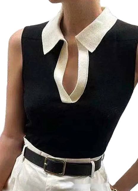 Women's Sleeveless V-Neck Knitted Top | Black Knit Tank Sweater blndl top black