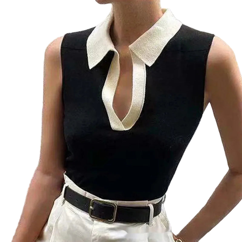Women's Sleeveless V-Neck Knitted Top | Black Knit Tank Sweater blndl top black