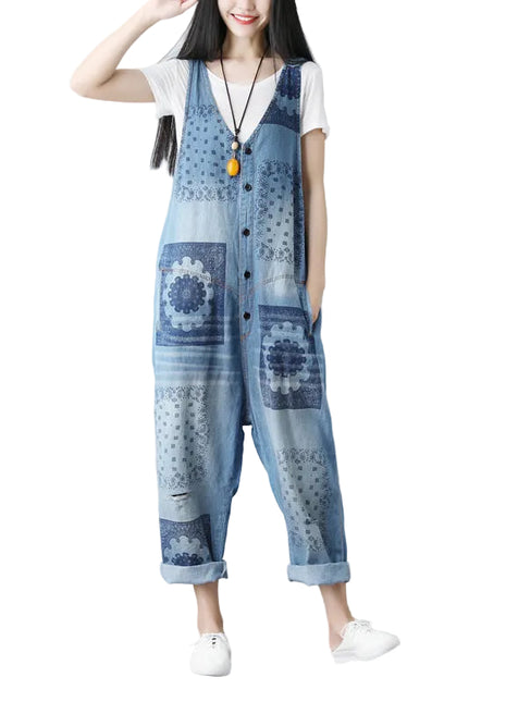 Versatile Women's Cotton Washed Denim Suspender Jumpsuit