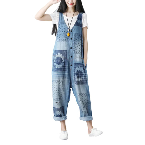 Versatile Women's Cotton Washed Denim Suspender Jumpsuit