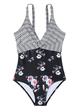 Women's Slimming One-Piece Swimsuit Black floral swimsuit with striped