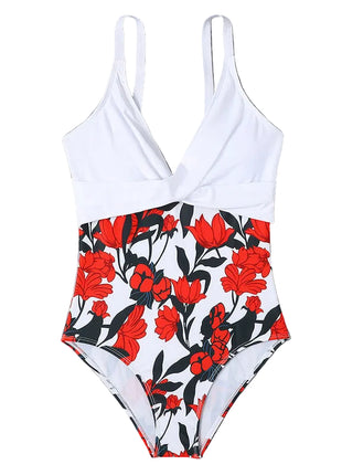 Women's Slimming One-Piece Swimsuit White one-piece swimsuit with red floral