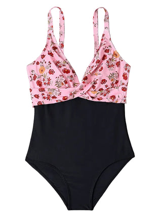 Women's Slimming One-Piece Swimsuit black with floral pink top