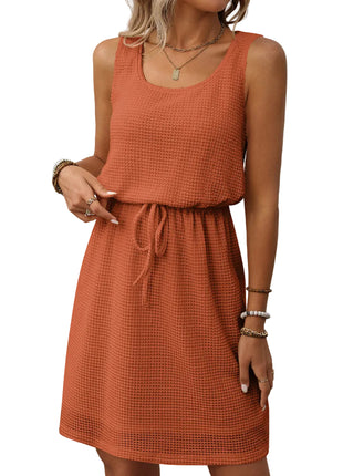 Women’s drawstring waist casual dress featuring lined fabric and comfortable sleeveless style.