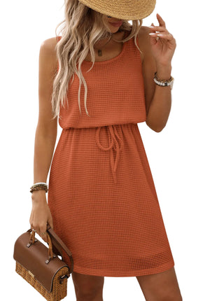 Women’s drawstring waist casual dress featuring lined fabric and comfortable sleeveless style.