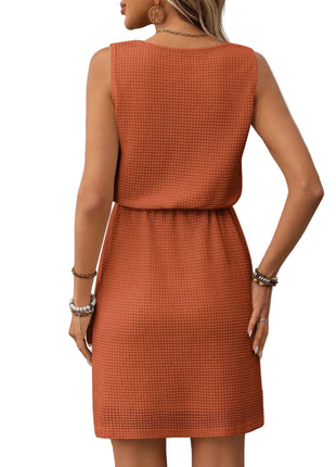 Women’s drawstring waist casual dress featuring lined fabric and comfortable sleeveless style.