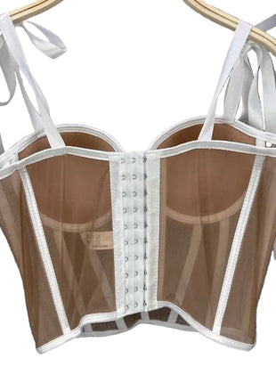 Women’s strapless bandeau top with waist-cinching double straps and stylish mesh detailing.