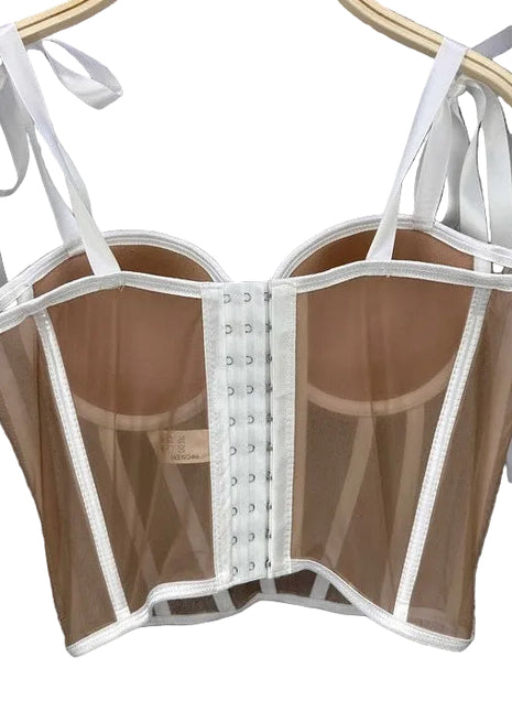 Women’s strapless bandeau top with waist-cinching double straps and stylish mesh detailing.
