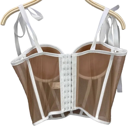 Women’s strapless bandeau top with waist-cinching double straps and stylish mesh detailing.