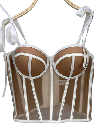 Women’s strapless bandeau top with waist-cinching double straps and stylish mesh detailing.