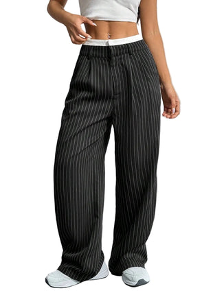 Women’s stripe high waist straight-leg trousers with loose fit design and elegant casual style.