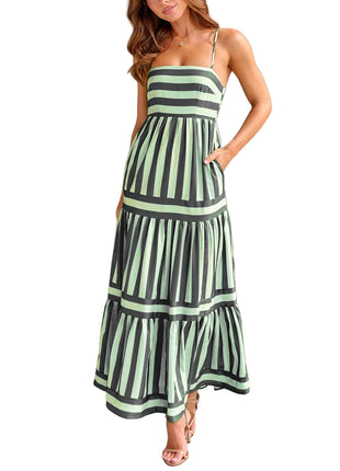 Women's Summer Striped Suspender Maxi Dress with Pockets green black