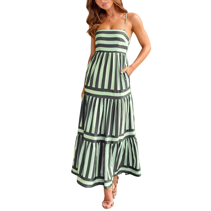 Women's Summer Striped Suspender Maxi Dress with Pockets green black