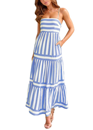 Women's Summer Striped Suspender Maxi Dress with Pockets white blue