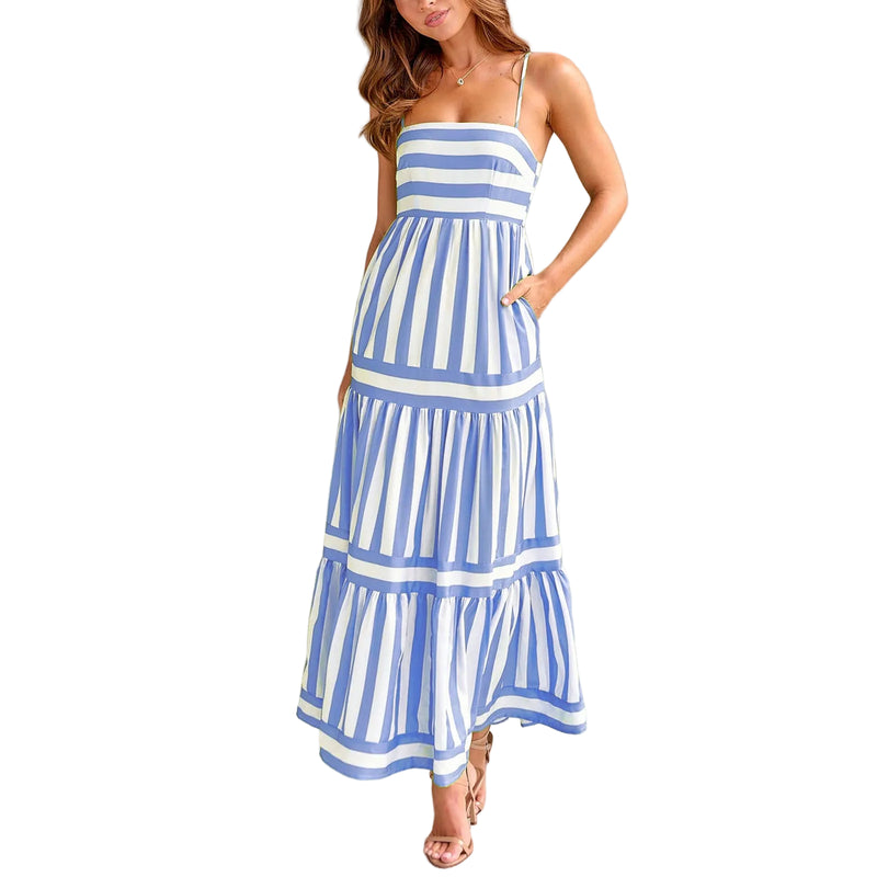 Women's Summer Striped Suspender Maxi Dress with Pockets white blue