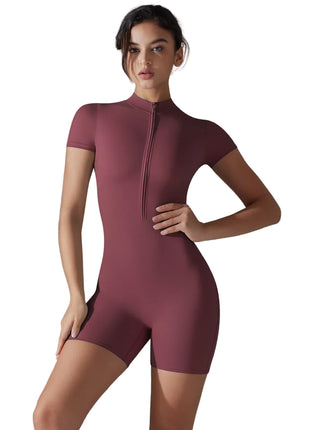 Women's Summer Zip-Front Short Sleeve Sports Jumpsuit blndl date red