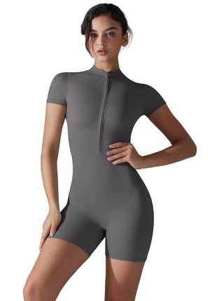 Women's Summer Zip-Front Short Sleeve Sports Jumpsuit blndl grey