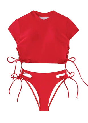 Women's Two-Piece Short Sleeve Swimsuit Set red