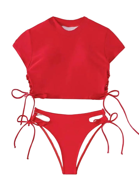 Women's Two-Piece Short Sleeve Swimsuit Set red
