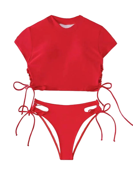 Women's Two-Piece Short Sleeve Swimsuit Set red