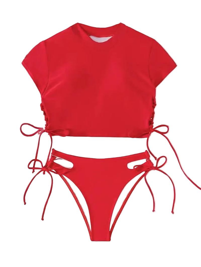 Women's Two-Piece Short Sleeve Swimsuit Set red