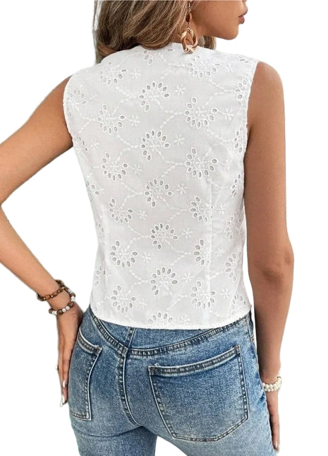 Women's V-Neck Crochet Button Vest | Sleeveless Hollow Knit Top blndl white