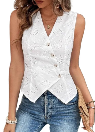 Women's V-Neck Crochet Button Vest | Sleeveless Hollow Knit Top blndl white