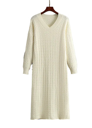 Women's V-neck knitted long sweater dress with back slit

Long straight knitted dress with elegant V-neckline

Women's viscose knit sweater dress in black

Oatmeal V-neck long sweater dress for smart-casual styling

Women's knitted dress in apricot with back slit detail

Purple long sweater dress for elegant everyday outfits

Cameo brown women's knit dress for commute wear