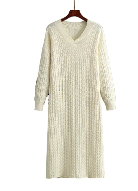 Women's V-neck knitted long sweater dress with back slit

Long straight knitted dress with elegant V-neckline

Women's viscose knit sweater dress in black

Oatmeal V-neck long sweater dress for smart-casual styling

Women's knitted dress in apricot with back slit detail

Purple long sweater dress for elegant everyday outfits

Cameo brown women's knit dress for commute wear