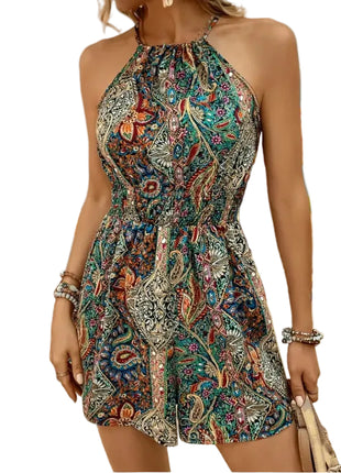 Stylish Vacation Halter Romper with Vibrant Pattern
