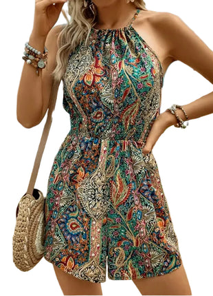 Colorful Halter Neck Lace-Up Summer Romper for Women blndl