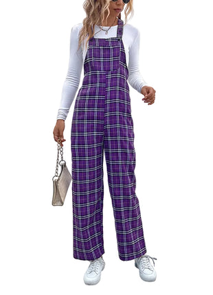 Purple Plaid Polyester Jumpsuit for Casual Street Fashion