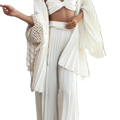 Women's White Pleated Vest Cardigan Wide-Leg Pants Set
Elegant White Three-Piece Matching Pants Suit
White Pleated Vest and Cardigan with Wide-Leg Trousers
Women's Elegant White Three-Piece Outfit
Versatile White Vest Cardigan and Wide-Leg Pants Set