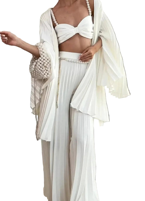 Women's White Pleated Vest Cardigan Wide-Leg Pants Set
Elegant White Three-Piece Matching Pants Suit
White Pleated Vest and Cardigan with Wide-Leg Trousers
Women's Elegant White Three-Piece Outfit
Versatile White Vest Cardigan and Wide-Leg Pants Set