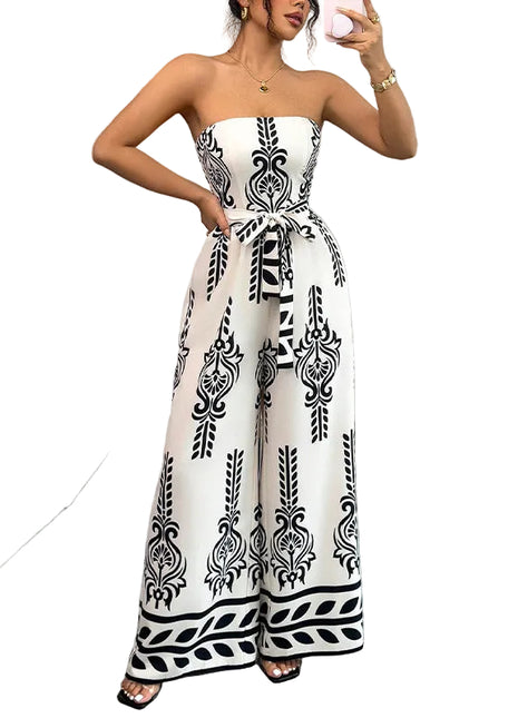 Women's Wide-Leg Slim Fit Tied Jumpsuit in White