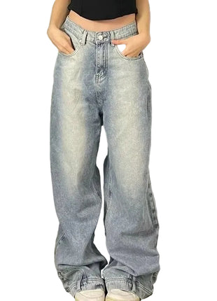Women’s wide leg bell bottom jeans with distressed denim design and relaxed street style fit.
