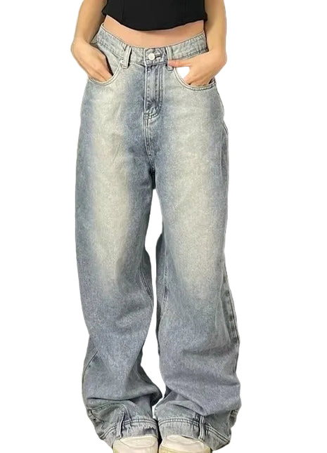 Women’s wide leg bell bottom jeans with distressed denim design and relaxed street style fit.