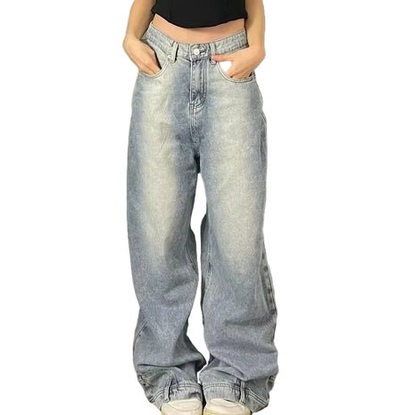 Women’s wide leg bell bottom jeans with distressed denim design and relaxed street style fit.