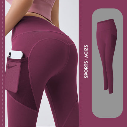 Maroon athletic leggings with a pocket and Nike logo, on a light gray background.