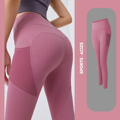 Pink leggings worn by a person on a light gray background with 'SPORTS ACIZS' branding.