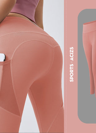 Pink leggings with a pocket on a light gray background, featuring the brand 'Sports Acizs'.