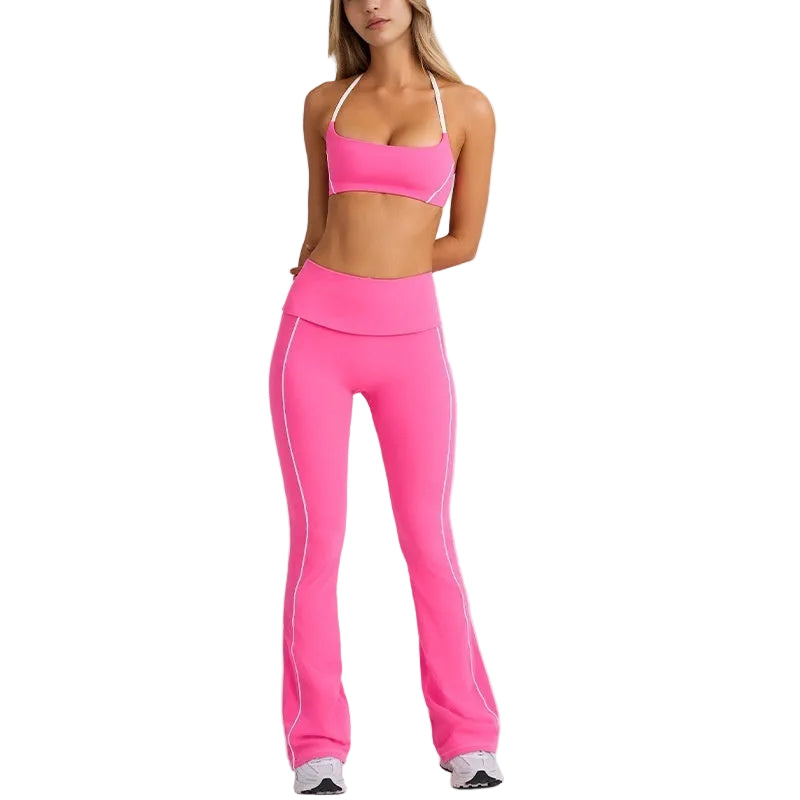 Women's Yoga Strap Top & High-Waist Leggings Set pink