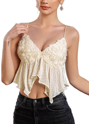 Women's backless chiffon camisole featuring elegant three-dimensional floral embellishments and a cropped silhouette.