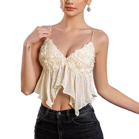 Women's backless chiffon camisole featuring elegant three-dimensional floral embellishments and a cropped silhouette.