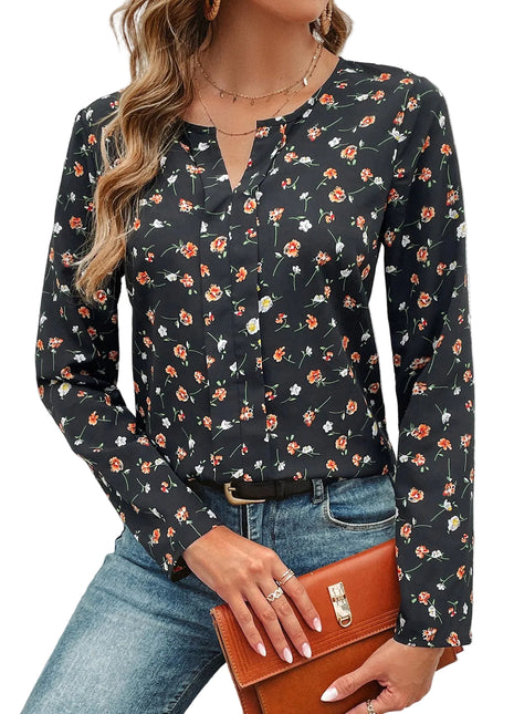 Women's black floral long sleeve shirt with a comfortable slim fit and timeless botanical print.