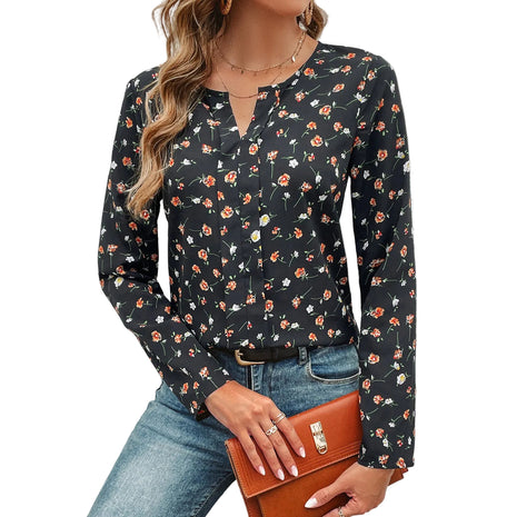 Women's black floral long sleeve shirt with a comfortable slim fit and timeless botanical print.