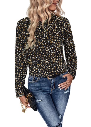 Women's black pullover blouse featuring an elegant bow tie collar and long sleeves.